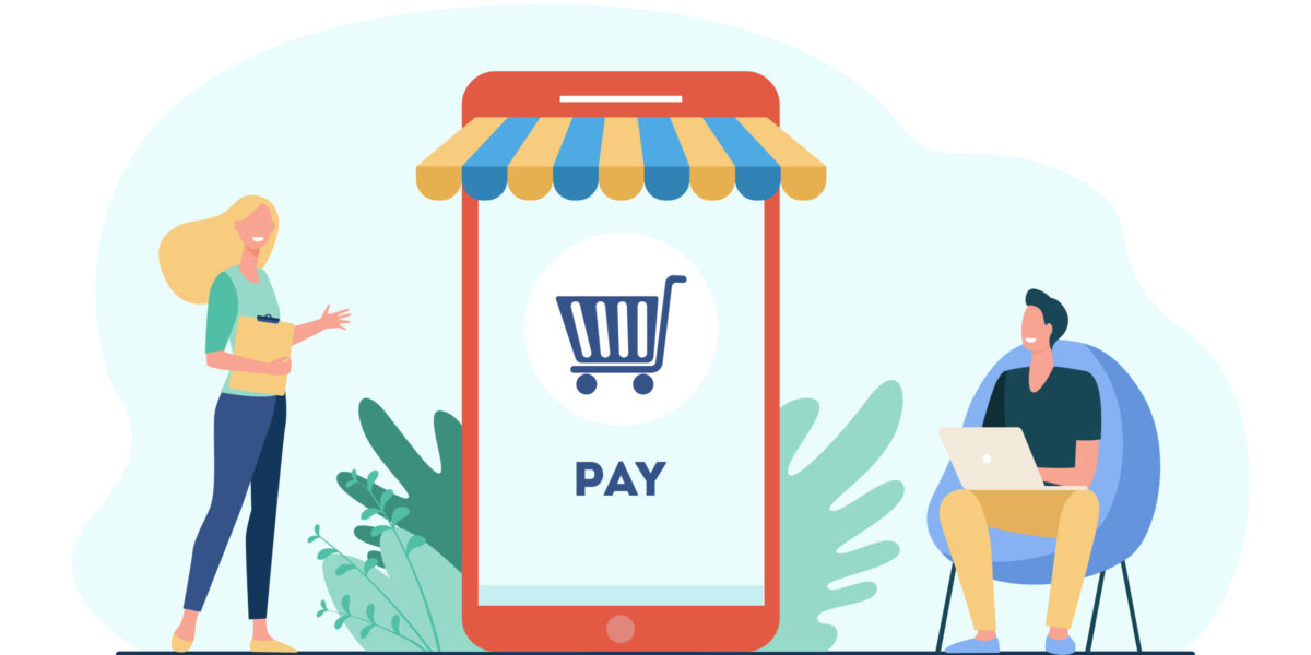 Joyful tiny customers paying in online store. Smartphone, shop, phone flat vector illustration. E-commerce and shopping concept for banner, website design or landing web page