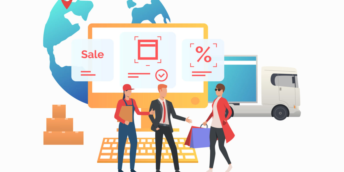 Courier and sales agent meeting consumer in internet store. Buying, purchasing, ordering, delivery. Online shop concept. Vector illustration can be used for topics like sale, service, consulting