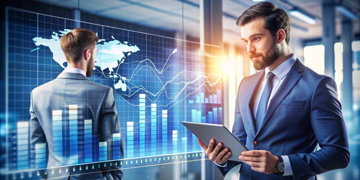 Businessman looking at digital tablet with financial graphs.