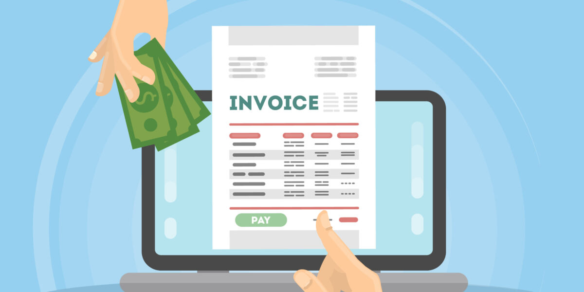 Invoice concept illustration. Laptop with hands, documents and money.